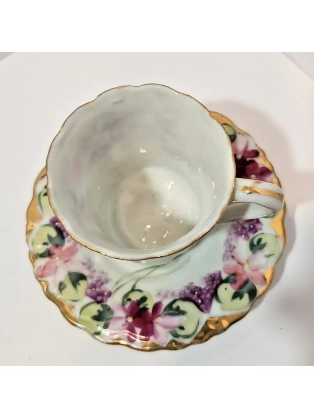 Antique Hand Painted Chocolate Cups w/Saucers Pink/Purple Violets Moriage Set 3